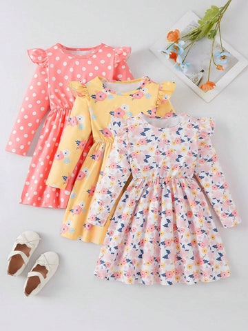 3pcs/Set Young Girl Casual Floral Polka Dot Ruffle Hem Long Sleeve Dress, Suitable For Spring & Autumn