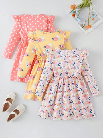 3pcs/Set Young Girl Casual Floral Polka Dot Ruffle Hem Long Sleeve Dress, Suitable For Spring & Autumn