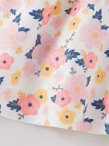 3pcs/Set Young Girl Casual Floral Polka Dot Ruffle Hem Long Sleeve Dress, Suitable For Spring & Autumn