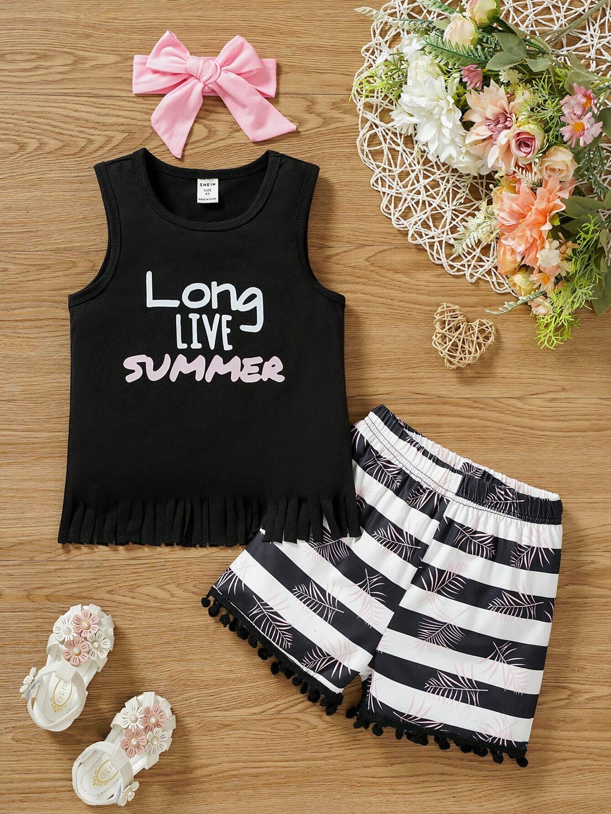 3pcs/Set Young Girl Casual Letter Print Fashion Fringed Sleeveless Top & Shorts & Bow Headband Summer Outfits