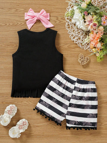 3pcs/Set Young Girl Casual Letter Print Fashion Fringed Sleeveless Top & Shorts & Bow Headband Summer Outfits
