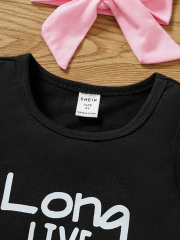 3pcs/Set Young Girl Casual Letter Print Fashion Fringed Sleeveless Top & Shorts & Bow Headband Summer Outfits