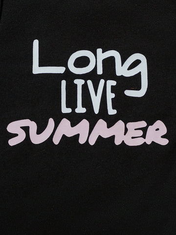 3pcs/Set Young Girl Casual Letter Print Fashion Fringed Sleeveless Top & Shorts & Bow Headband Summer Outfits