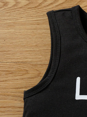 3pcs/Set Young Girl Casual Letter Print Fashion Fringed Sleeveless Top & Shorts & Bow Headband Summer Outfits