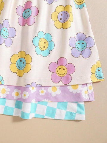 3pcs/Set Young Girl Cute Casual Floral & Checkerboard Print Long Sleeve Ruffle Hem Dress Outfit, Spring/Autumn