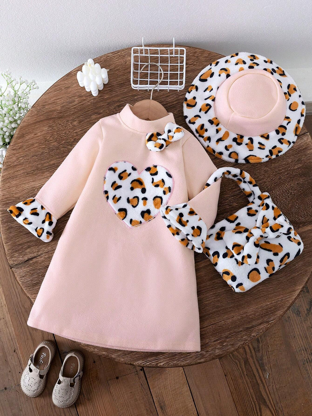 3pcs/Set Young Girl' Fashion Casual Bowknot Leopard Print Patchwork Long Sleeve Dress + Matching Hat + Bag