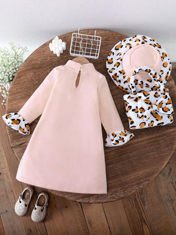 3pcs/Set Young Girl' Fashion Casual Bowknot Leopard Print Patchwork Long Sleeve Dress + Matching Hat + Bag