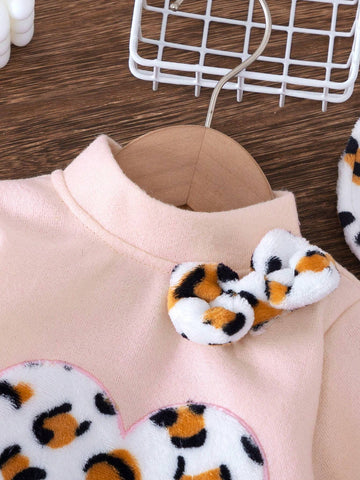 3pcs/Set Young Girl' Fashion Casual Bowknot Leopard Print Patchwork Long Sleeve Dress + Matching Hat + Bag