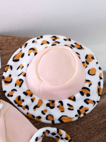 3pcs/Set Young Girl' Fashion Casual Bowknot Leopard Print Patchwork Long Sleeve Dress + Matching Hat + Bag