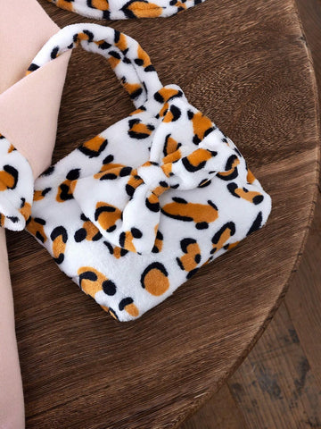 3pcs/Set Young Girl' Fashion Casual Bowknot Leopard Print Patchwork Long Sleeve Dress + Matching Hat + Bag