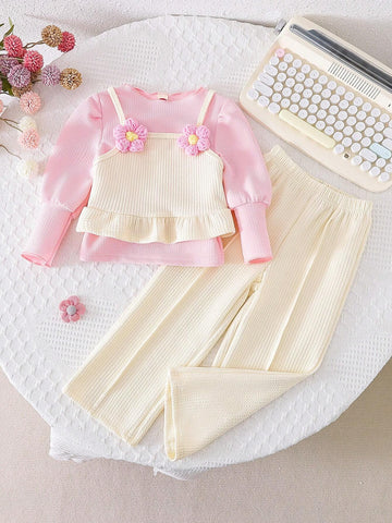3pcs/Set Young Girl Fashion Casual Long Sleeve Top + Floral Print Camisole + Matching Pants Outfit