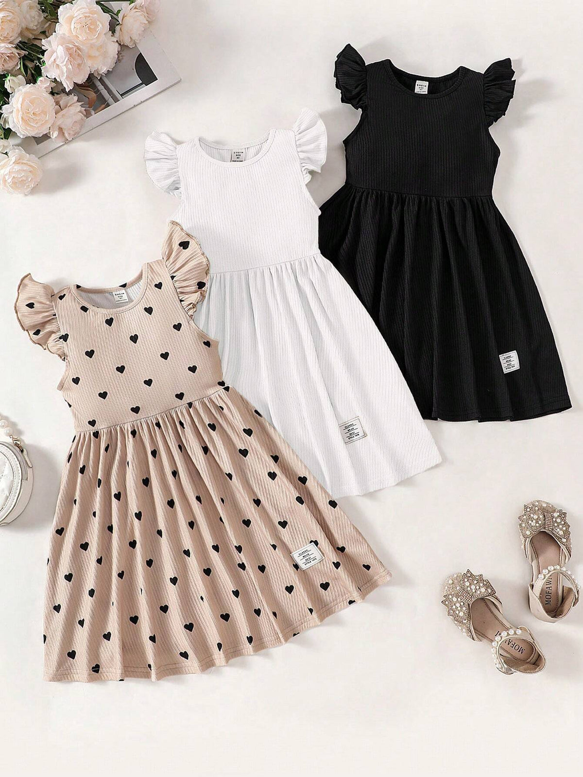 3pcs/Set Young Girl Knit Solid Color Cap Sleeve Fitted Casual Dress Set