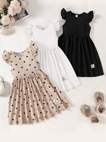 3pcs/Set Young Girl Knit Solid Color Cap Sleeve Fitted Casual Dress Set
