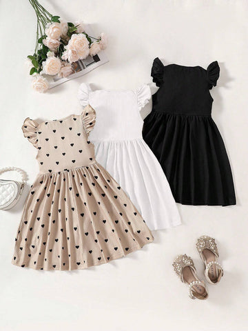 3pcs/Set Young Girl Knit Solid Color Cap Sleeve Fitted Casual Dress Set