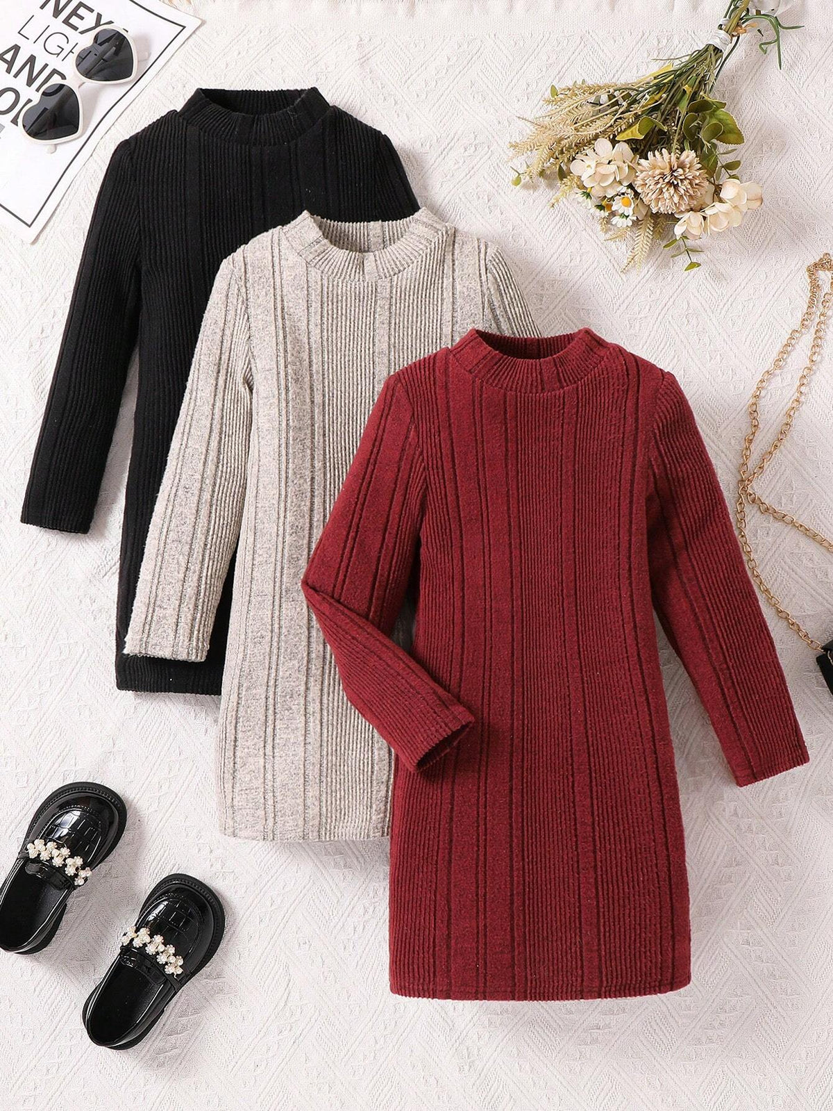 3pcs/Set Young Girl Knited Solid Collar Bodycon Casual Dress Set