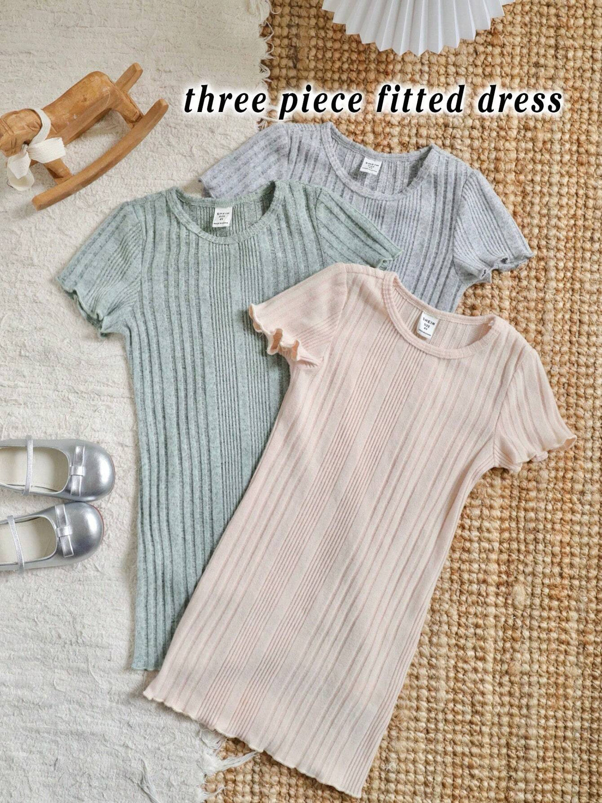 3pcs/Set Young Girl Knitting Solid Color Round Neck Fitted Casual Dress Set