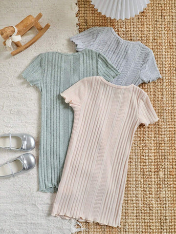 3pcs/Set Young Girl Knitting Solid Color Round Neck Fitted Casual Dress Set