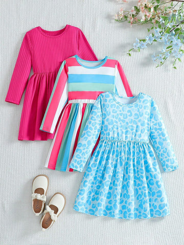 3pcs/Set Young Girl Leopard Print Dress With Contrast Striped And Solid Color, Suitable For Spring, Autumn And Winter. Ideal For Outings, School, And Gatherings