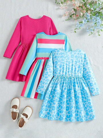 3pcs/Set Young Girl Leopard Print Dress With Contrast Striped And Solid Color, Suitable For Spring, Autumn And Winter. Ideal For Outings, School, And Gatherings