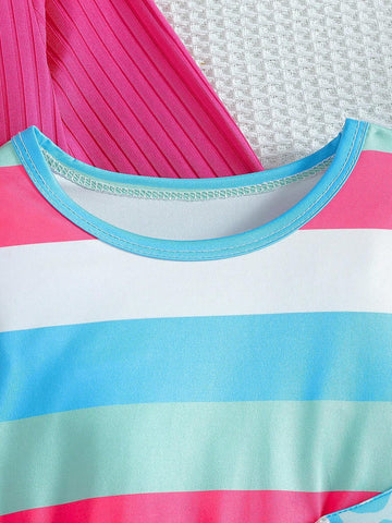 3pcs/Set Young Girl Leopard Print Dress With Contrast Striped And Solid Color, Suitable For Spring, Autumn And Winter. Ideal For Outings, School, And Gatherings