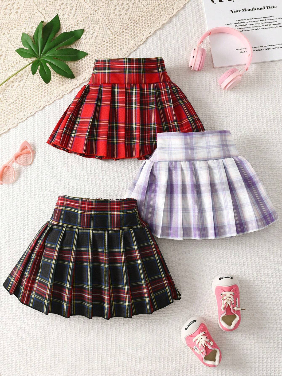 3pcs/Set Young Girl Plaid Printed Pleated JK Mini Skirt