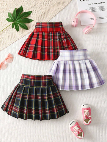 3pcs/Set Young Girl Plaid Printed Pleated JK Mini Skirt