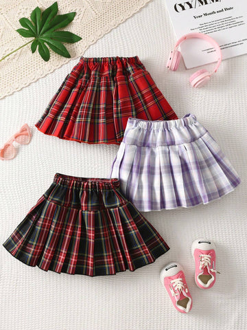 3pcs/Set Young Girl Plaid Printed Pleated JK Mini Skirt
