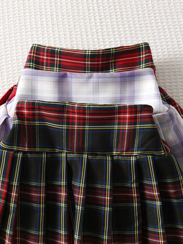 3pcs/Set Young Girl Plaid Printed Pleated JK Mini Skirt