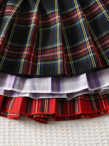 3pcs/Set Young Girl Plaid Printed Pleated JK Mini Skirt