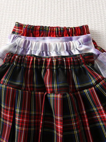 3pcs/Set Young Girl Plaid Printed Pleated JK Mini Skirt