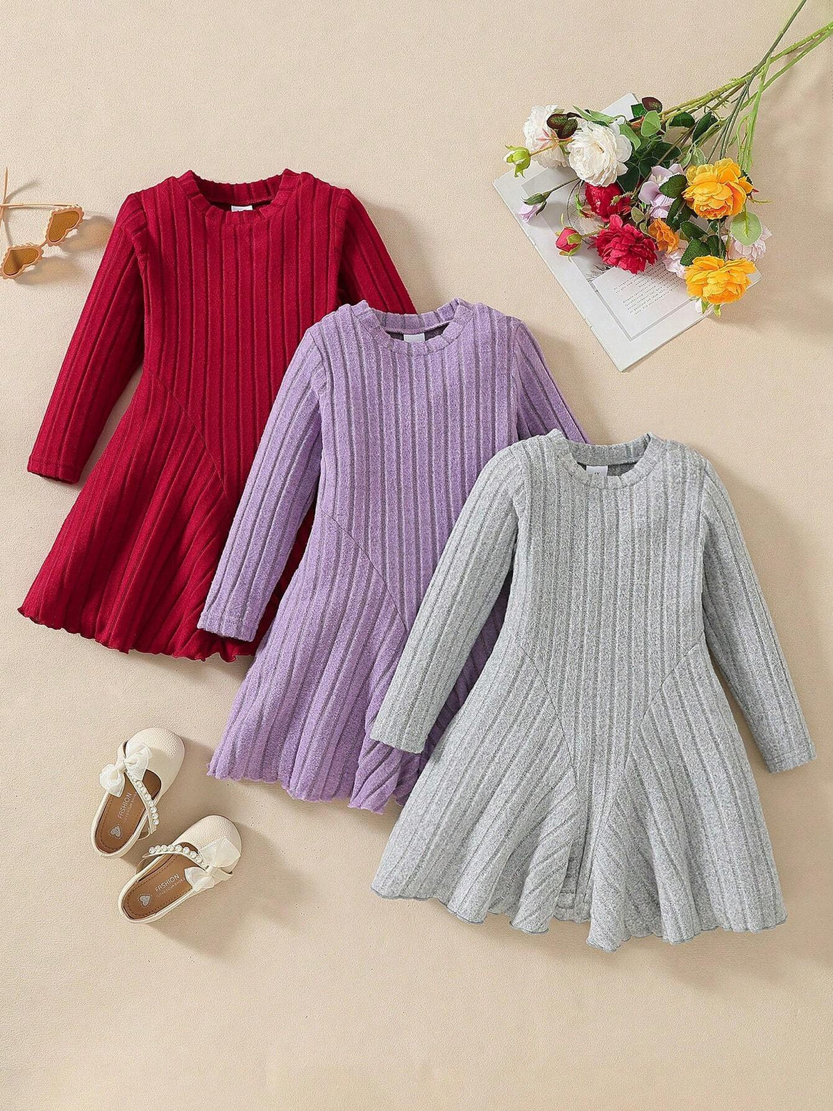 3pcs/Set Young Girls Casual Everyday Ribbed Solid Color Dress, Autumn