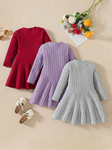 3pcs/Set Young Girls Casual Everyday Ribbed Solid Color Dress, Autumn