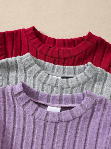 3pcs/Set Young Girls Casual Everyday Ribbed Solid Color Dress, Autumn