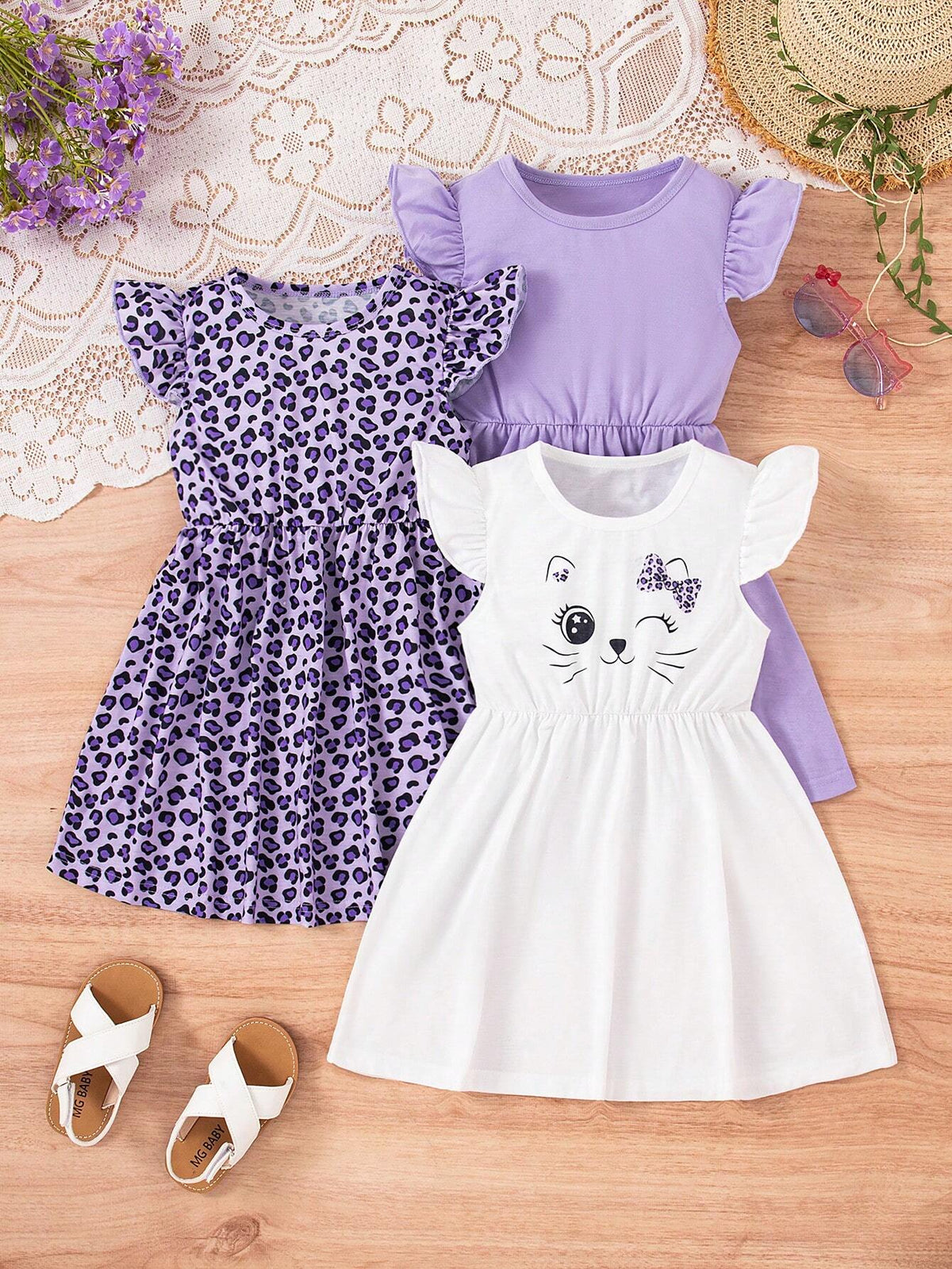 3pcs/Set Young Girls Cute Casual Cap Sleeve Leopard Cat Print Dress Outfit