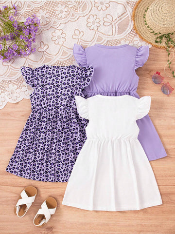 3pcs/Set Young Girls Cute Casual Cap Sleeve Leopard Cat Print Dress Outfit