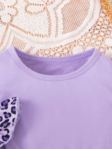 3pcs/Set Young Girls Cute Casual Cap Sleeve Leopard Cat Print Dress Outfit