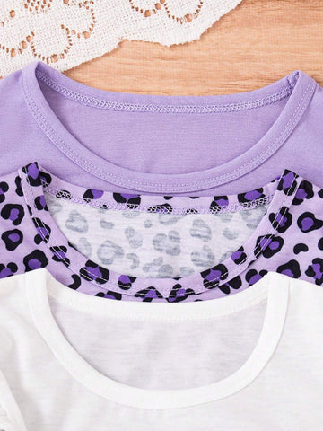 3pcs/Set Young Girls Cute Casual Cap Sleeve Leopard Cat Print Dress Outfit