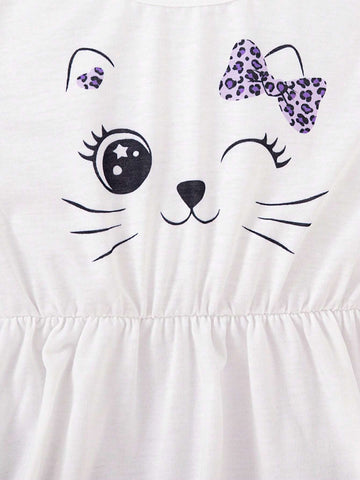 3pcs/Set Young Girls Cute Casual Cap Sleeve Leopard Cat Print Dress Outfit