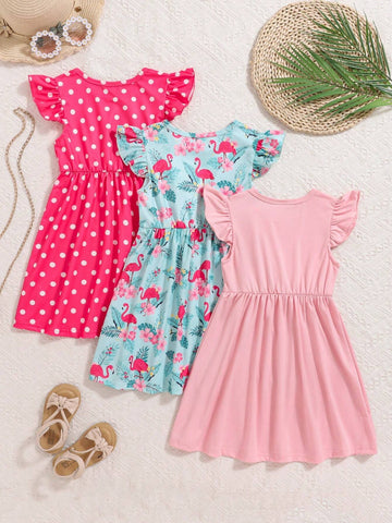 3pcs/Set Young Girls Flame Bird Pattern Print Dress Set For Spring And Summer