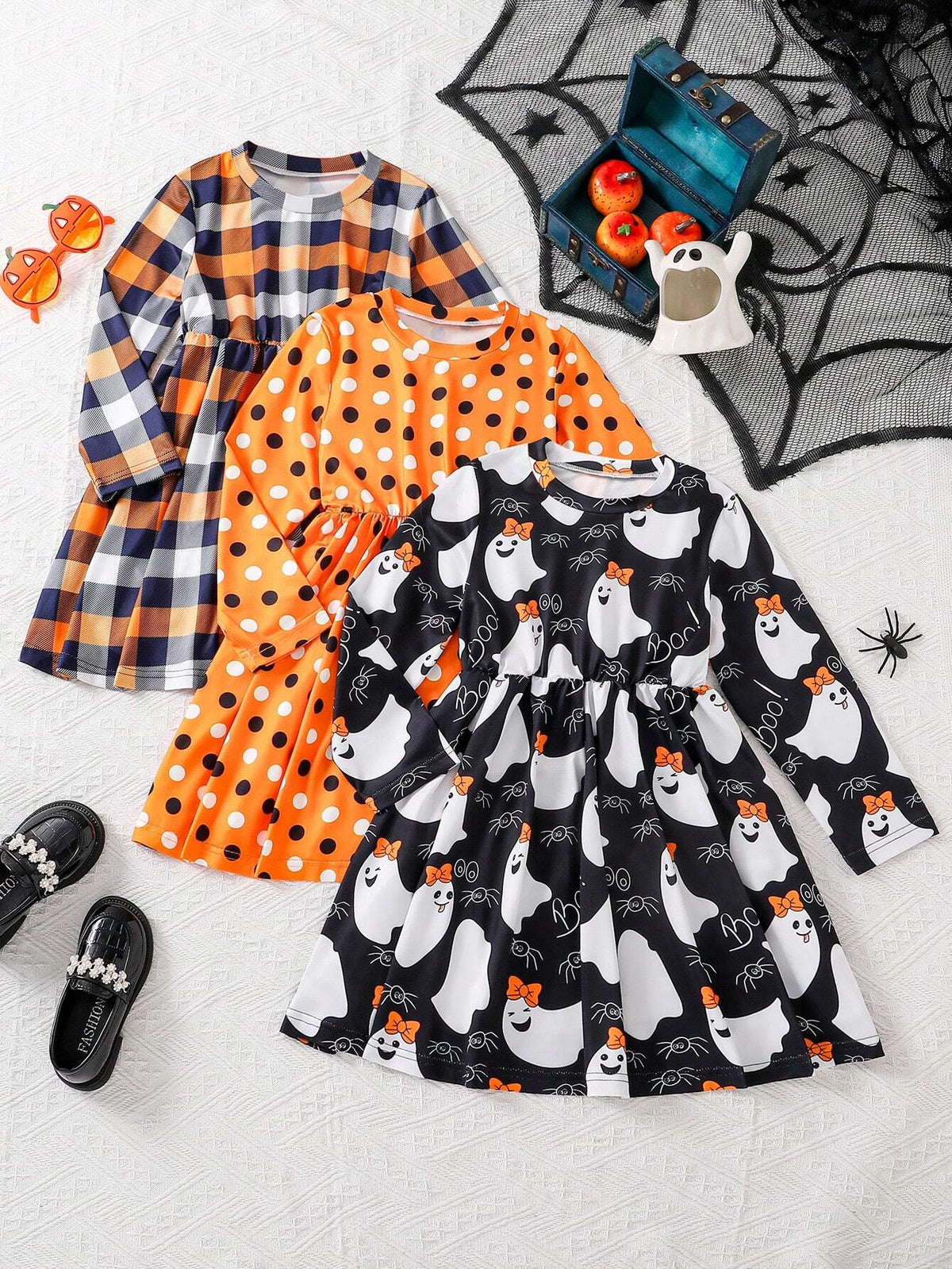 3pcs/Set Young Girls' Round Neck Long Sleeve Polka Dot Plaid & Cartoon Ghost Print Casual Dress, Autumn