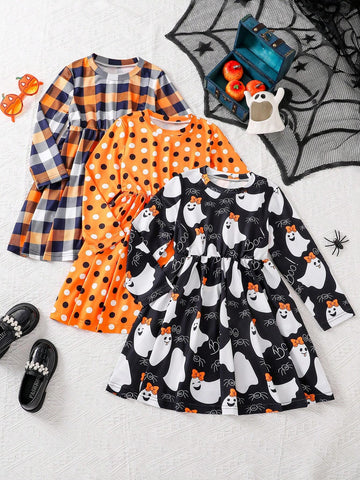 3pcs/Set Young Girls' Round Neck Long Sleeve Polka Dot Plaid & Cartoon Ghost Print Casual Dress, Autumn