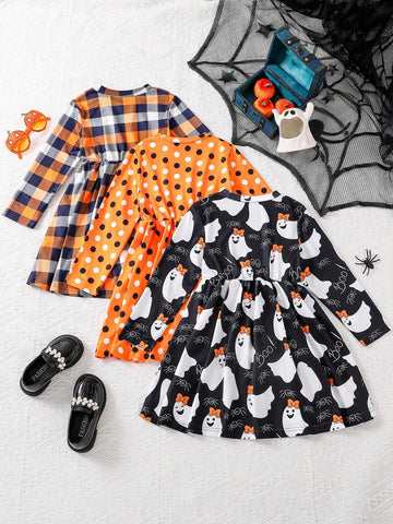 3pcs/Set Young Girls' Round Neck Long Sleeve Polka Dot Plaid & Cartoon Ghost Print Casual Dress, Autumn