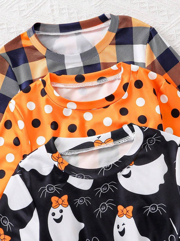 3pcs/Set Young Girls' Round Neck Long Sleeve Polka Dot Plaid & Cartoon Ghost Print Casual Dress, Autumn