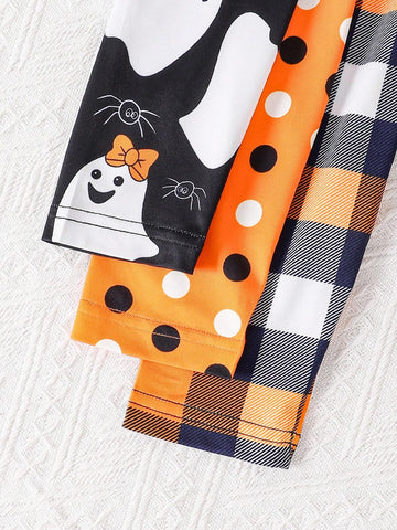 3pcs/Set Young Girls' Round Neck Long Sleeve Polka Dot Plaid & Cartoon Ghost Print Casual Dress, Autumn