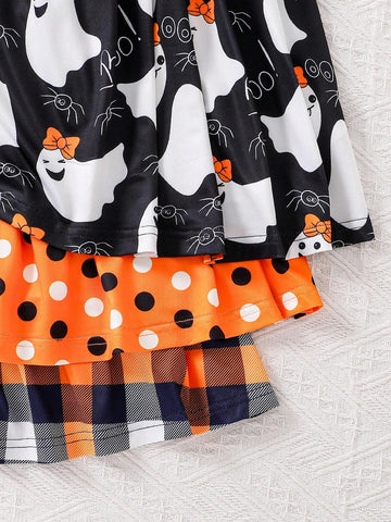 3pcs/Set Young Girls' Round Neck Long Sleeve Polka Dot Plaid & Cartoon Ghost Print Casual Dress, Autumn