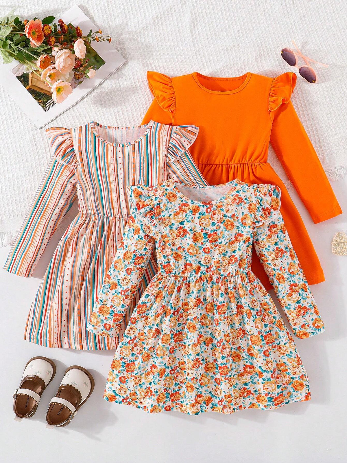 3pcs/Set Young Girls Ruffled Floral Dot & Stripe Print Dress