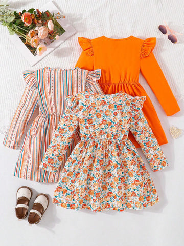 3pcs/Set Young Girls Ruffled Floral Dot & Stripe Print Dress