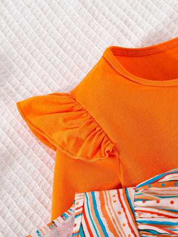 3pcs/Set Young Girls Ruffled Floral Dot & Stripe Print Dress