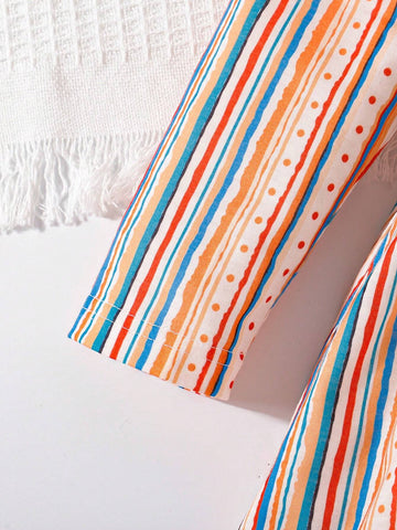 3pcs/Set Young Girls Ruffled Floral Dot & Stripe Print Dress