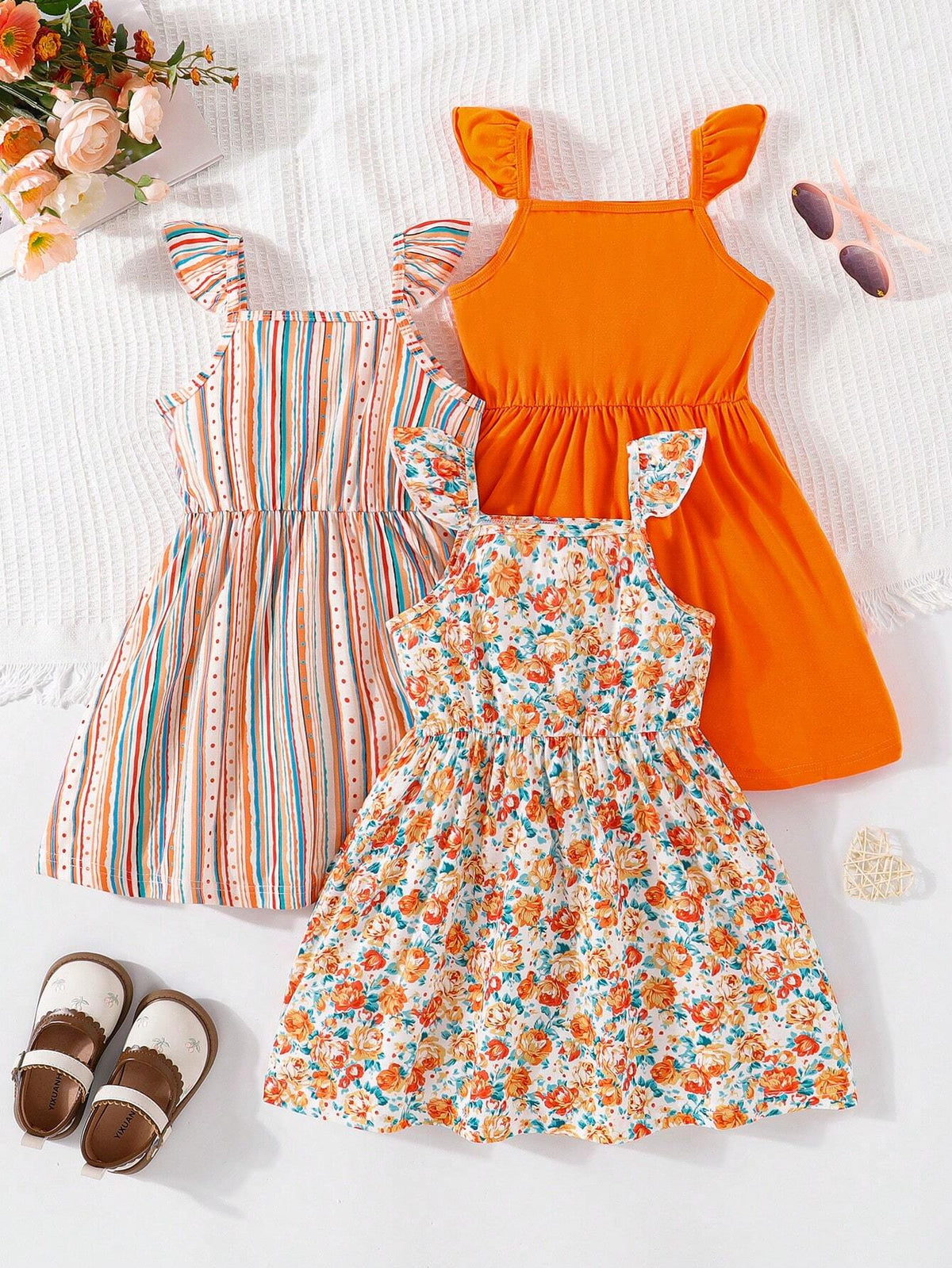 3pcs/Set Young Girls Sleeveless Square Neck Cute Casual Camisole Dress Set